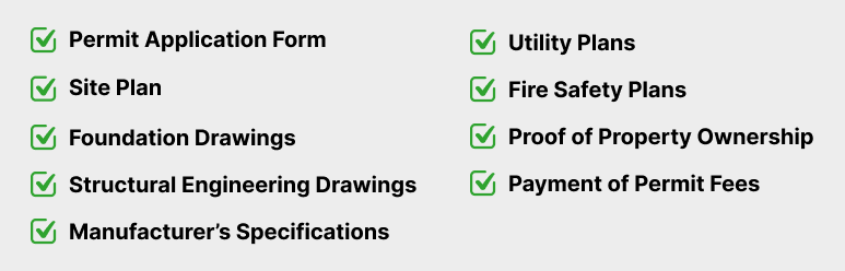 What Permits Are Usually Required for a Steel Building? (Full Guide + Checklist) 3 Checklist of required documents for steel building permits, including application form, site plan, structural drawings, utility plans, fire safety plans, ownership proof, and permit fees.