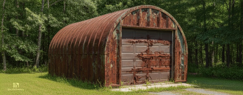 Severely rusted steel garage with perforated panels and corrosion damage on the door and curved roof structure.