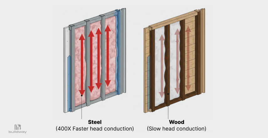 Can a Steel Building Be Truly Energy Efficient? What the Data Says 3 Comparison diagram of steel and wood wall framing showing heat flow, where steel studs conduct heat much faster than wood studs, illustrating higher thermal conductivity in steel framing.