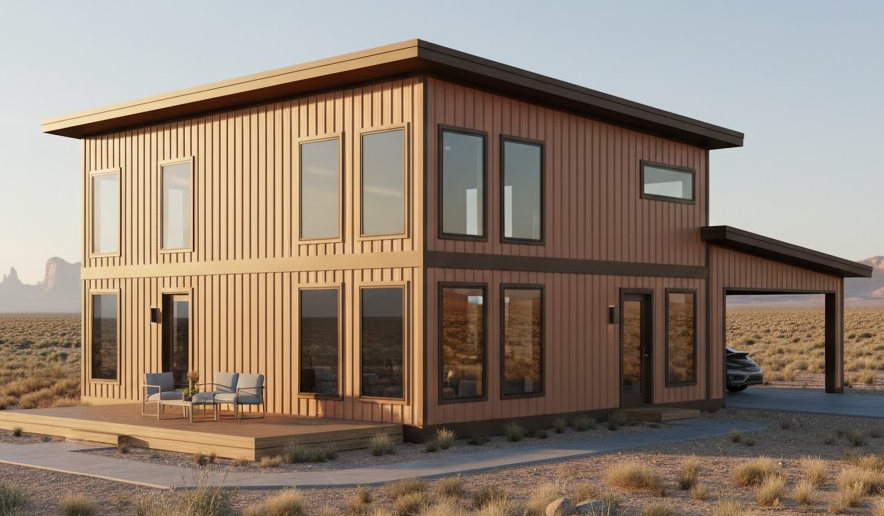 Modern two-story metal home in a desert setting with warm copper-toned siding and dark brown trim, showcasing earthy and natural metal building colors.