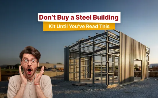 Shocked buyer reacting to a steel building under construction, highlighting why Steel Building Kits Are Stronger when engineered for real-world conditions.