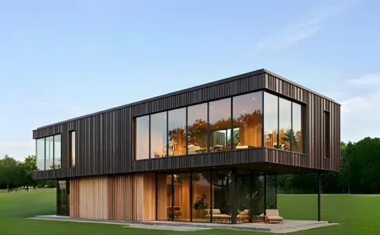 A modern steel building surrounded by nature at sunset, illustrating the advantages of steel buildings in durability and contemporary design.