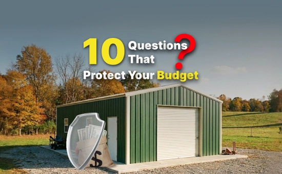 Green metal building with text overlay about key questions to ask a metal building supplier.