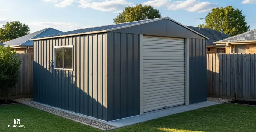 Small gray metal shed with a roller door and side window, built on a concrete slab in a fenced backyard surrounded by suburban homes and green lawn.