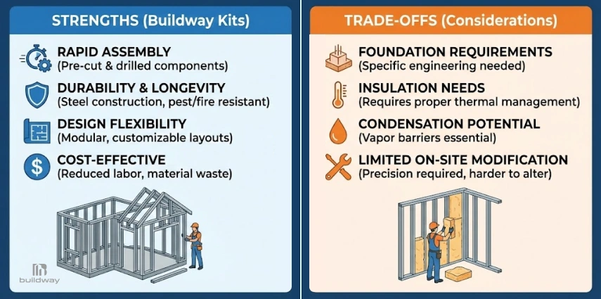 Comparison chart showing strengths and trade-offs of Buildway metal building kits, including rapid assembly and insulation needs.