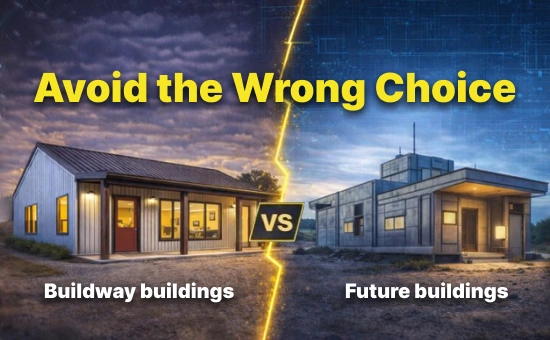 Metal building kit comparison highlighting Buildway and Future buildings with dramatic lighting and a bold VS split.
