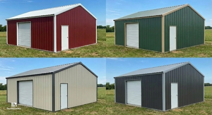 How to Personalize a Steel Building Without Wasting Money on the Wrong Parts 5 Side-by-side comparison of four small steel buildings in different exterior colors, each with a roll-up door and standard entry door.