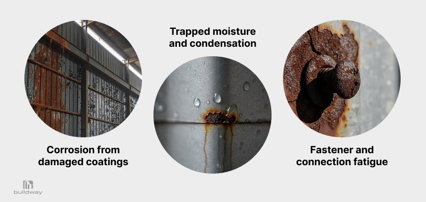 Three common steel building issues: corrosion from damaged coatings, trapped moisture causing rust, and fastener fatigue due to rust and wear.