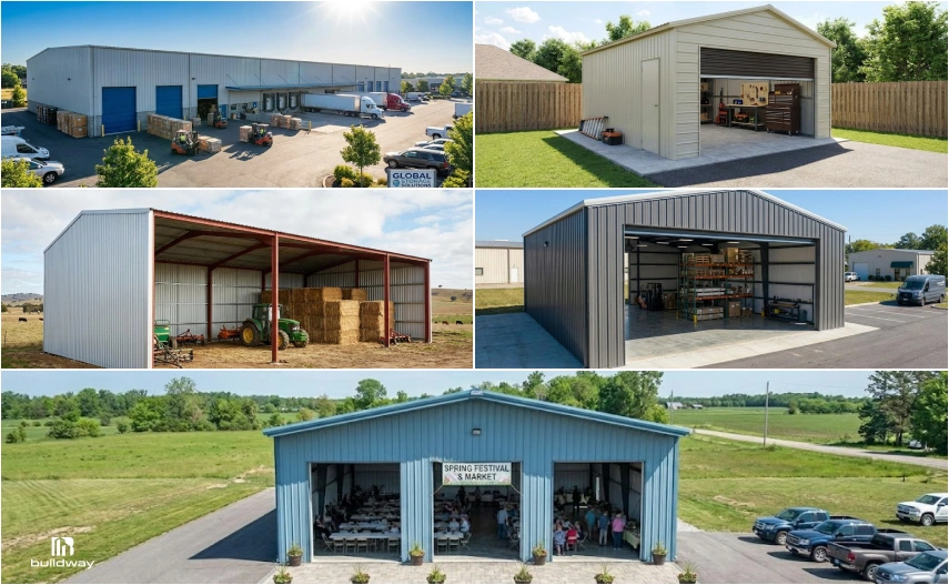 Collage of various steel buildings including warehouses, garages, agricultural storage units, and a community event center, each used for different commercial or personal purposes.