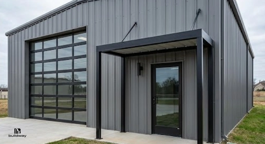 How to Personalize a Steel Building Without Wasting Money on the Wrong Parts 3 Sleek steel building with dark gray vertical panels, full-view glass roll-up door, and black metal awning over a modern entry door.