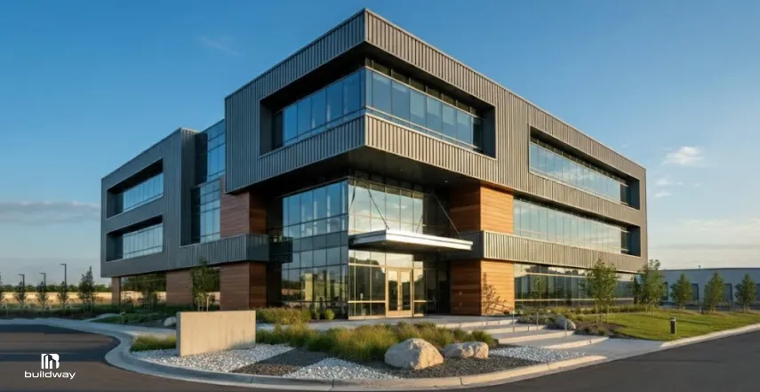 Modern architectural steel building with multi-story design, large glass windows, metal panel cladding, and landscaped surroundings.