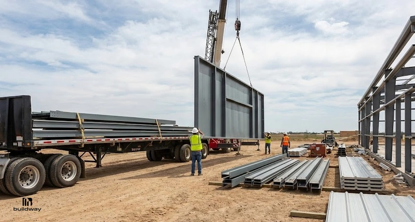 Steel Building Prices in 2026: What You’ll Really Pay 3 Construction crew assembling a steel building frame using a crane, with materials unloaded from a flatbed truck on a job site.