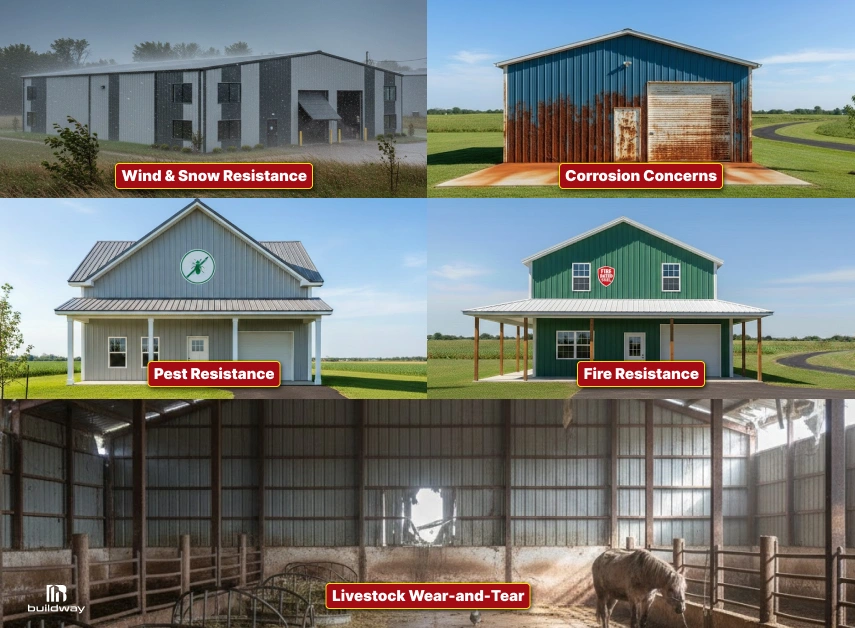 A collage showing various farm building conditions: wind and snow resistance, corrosion damage, pest resistance, fire resistance, and interior wear from livestock.