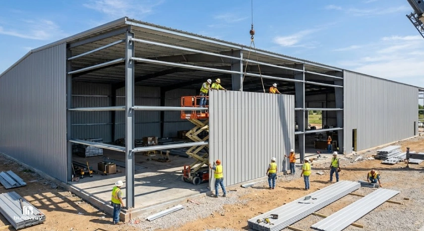Steel Building Prices in 2026: What You’ll Really Pay 5 Crew installing wall panels on a large steel building under construction, using a crane and scissor lift.
