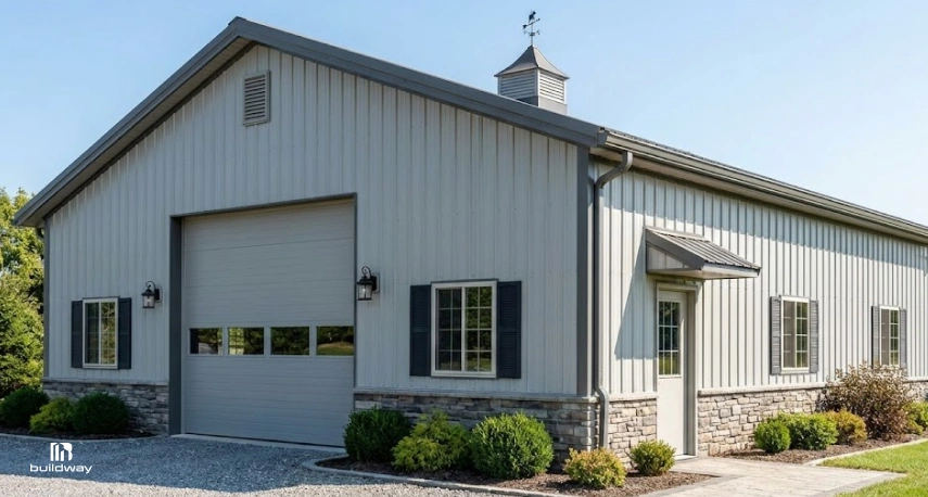How to Personalize a Steel Building Without Wasting Money on the Wrong Parts 2 Modern steel building with stone wainscoting, large garage door, multiple windows, and landscaped exterior, designed for residential or workshop use.