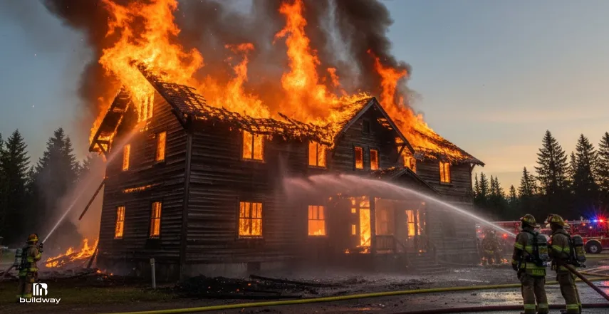 Wooden house fully engulfed in flames as firefighters attempt to control the fire.