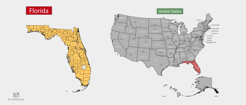 Which States Does Have the Toughest Building Codes in the US for Steel Buildings? 3 Side-by-side maps of Florida and the United States, with Florida highlighted, used to emphasize Florida’s unique position or regulations compared to other states.