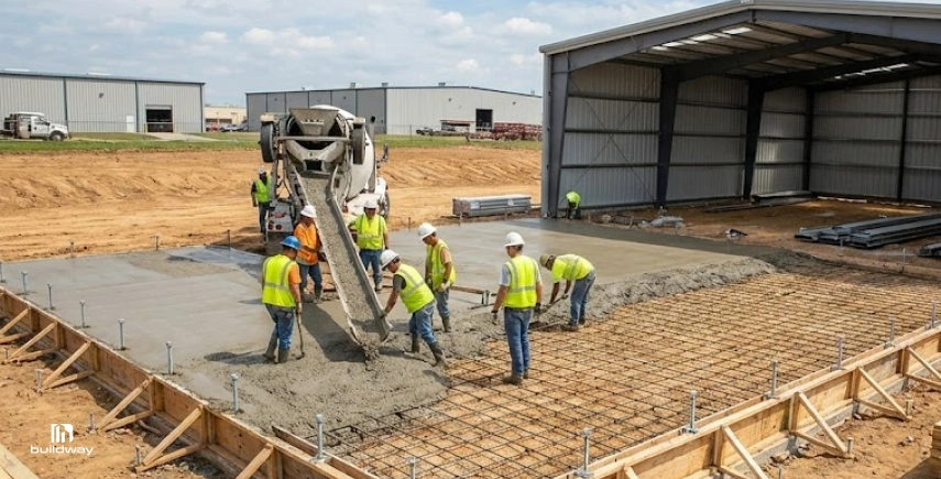 Steel Building Prices in 2026: What You’ll Really Pay 4 Construction workers pouring and leveling concrete foundation for a steel building using a cement truck on-site.
