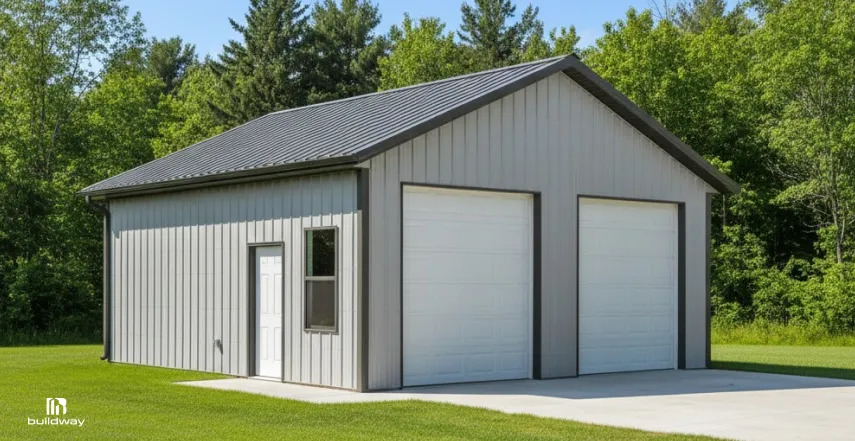 Garage-style steel building with a pitched metal roof, two overhead garage doors, and a side entry door, set on a concrete slab near a wooded area.