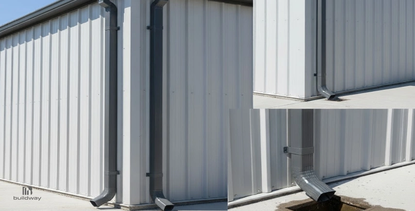 How to Personalize a Steel Building Without Wasting Money on the Wrong Parts 6 Close-up views of downspouts and gutter systems on a steel building, highlighting essential steel building parts for proper drainage.