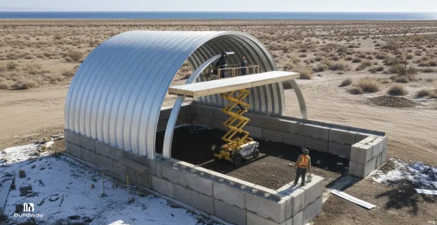 Construction workers assembling a curved metal building using a scissor lift to position a roof panel, surrounded by concrete block walls in a desert landscape.