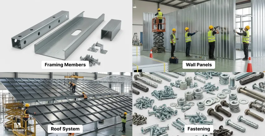 Key components of a cold-formed steel building including framing members, wall panels, roof system, and steel fasteners shown during fabrication and installation.