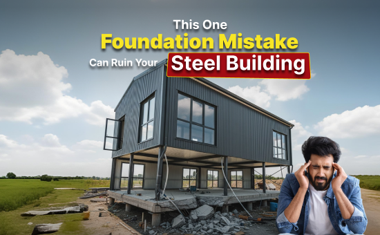 Cracked steel building foundation shown on open field with a frustrated man highlighting the risks of poor foundation planning.