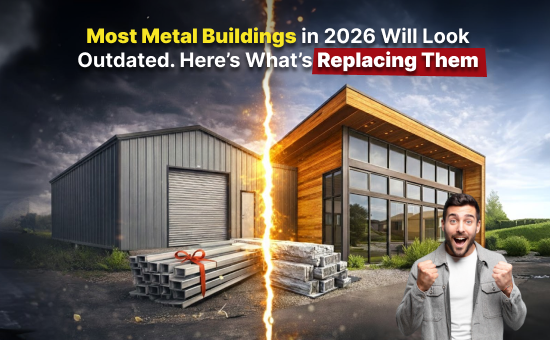 Comparison of outdated metal building and a modern wooden structure with a bold headline highlighting Metal Building Trends 2026 and what is replacing traditional designs.