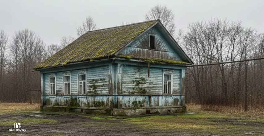Old wooden house showing severe moisture damage, peeling paint, and moss growth.
