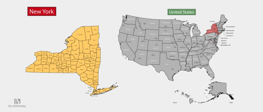 Which States Does Have the Toughest Building Codes in the US for Steel Buildings? 5 Side-by-side maps of New York and the United States, with New York highlighted — used to compare New York to other U.S. states.
