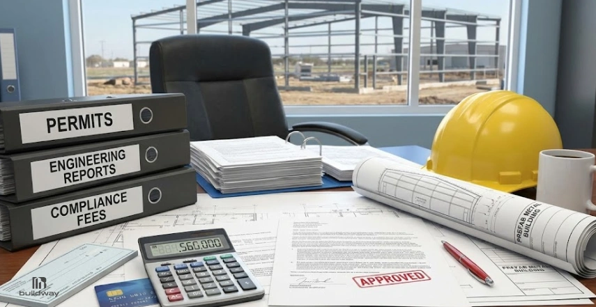 Construction office desk with permit binders, engineering reports, compliance documents, a calculator, hard hat, and blueprints, overlooking a steel building under construction through the window.