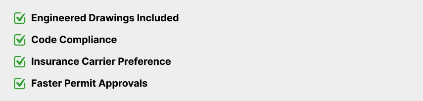 A checklist with green checkmarks highlighting benefits: engineered drawings included, code compliance, insurance carrier preference, and faster permit approvals.