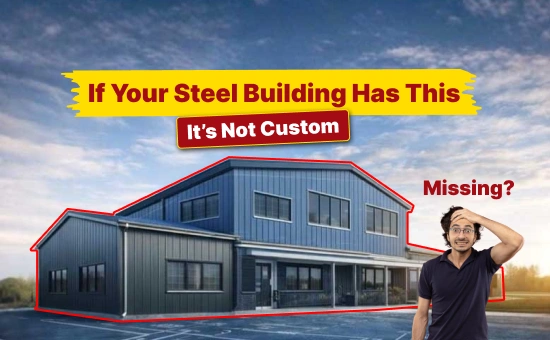 Frustrated man next to a steel building outlined in red, illustrating missing steel building parts and lack of true customization.