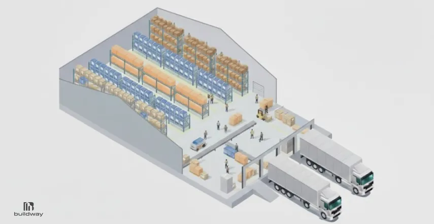 3D cutaway illustration of a warehouse with shelving racks, workers, forklifts, and two loading trucks at dock doors.