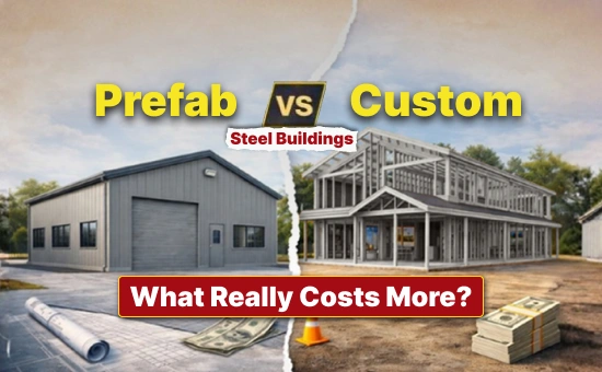 Illustration showing a prefab steel building next to a custom-framed structure, with money and blueprints symbolizing cost factors in prefab vs custom building.