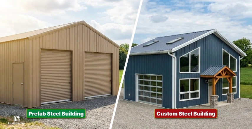 Prefab steel garage with two roll-up doors next to a custom steel building with large windows and a wood-accented entrance, shown side by side on gravel lots.
