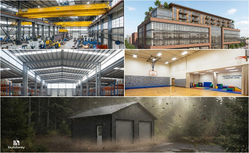 Collage showing different steel building uses, including an industrial facility, modern office complex, warehouse, gymnasium, and a small garage in a stormy forest setting.