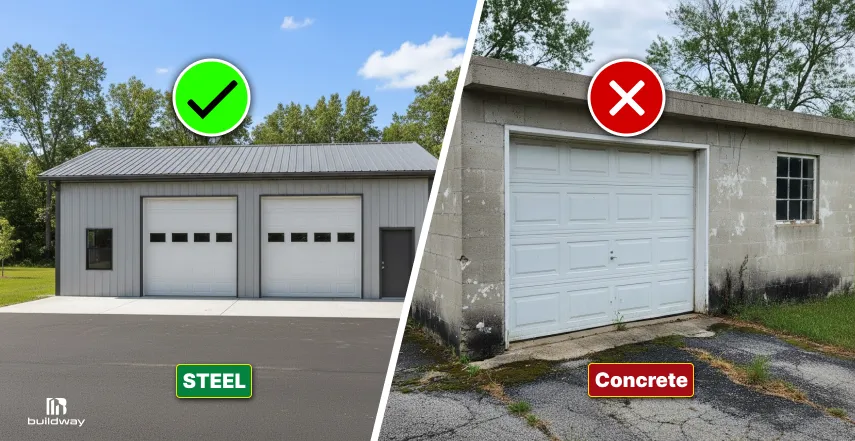 Split image showing a well-maintained steel garage with a check mark contrasted with a deteriorating concrete garage marked with an X.