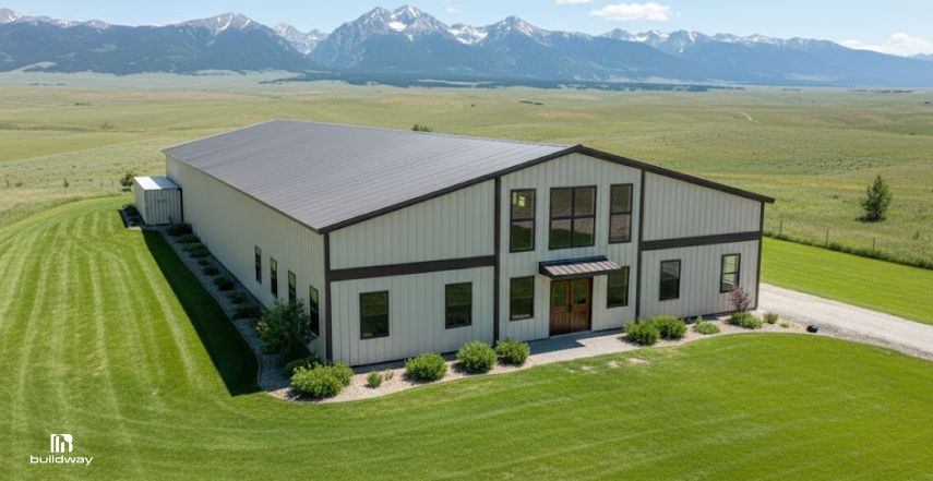 Large rural steel building with a strong foundation set against an open field and mountain backdrop, ideal for agricultural use.