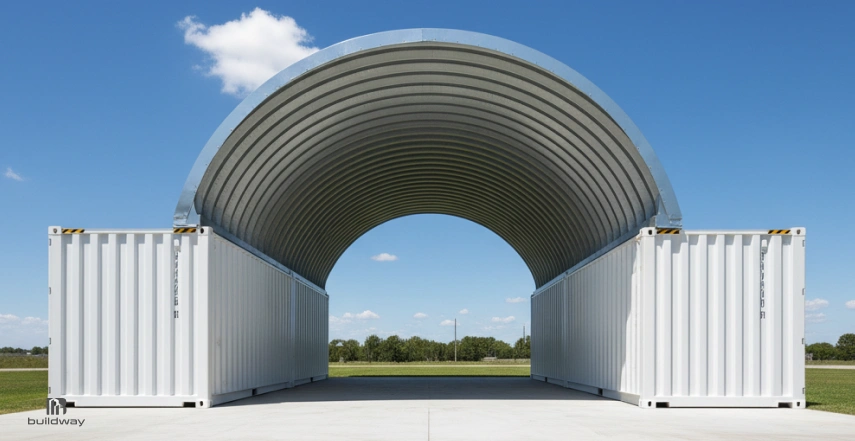 Steel container cover structure spanning two shipping containers with a curved metal roof, installed on a concrete pad in an open field.