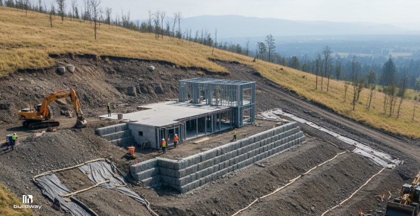 Steel building foundation under construction on a steep, sloped site with poor soil conditions, supported by retaining walls and excavation work.