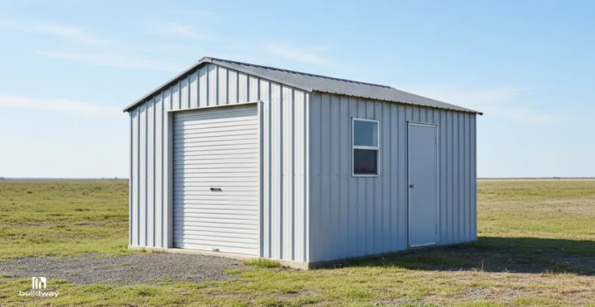 Small steel shed with vertical metal siding, roll-up garage door, and side entry door installed on a gravel pad in an open field.