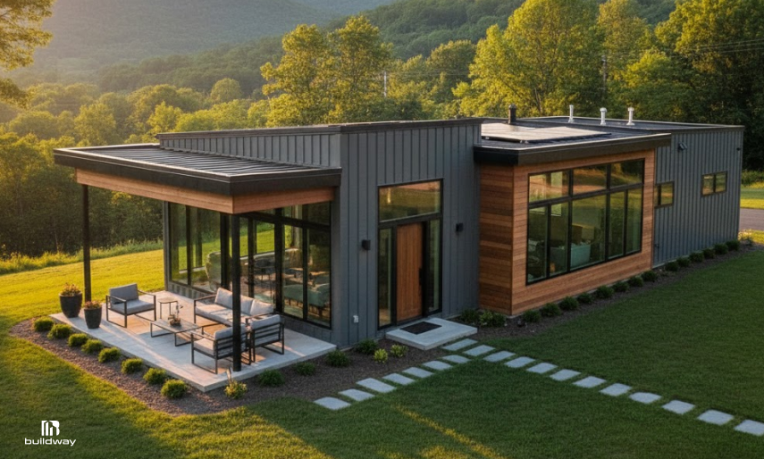 Modern metal and wood panel home with large windows and outdoor seating, set in a lush green landscape with mountains in the background.