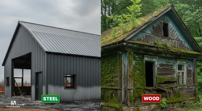 Side-by-side image of a well-maintained steel building contrasted with a weathered, decaying wooden structure.