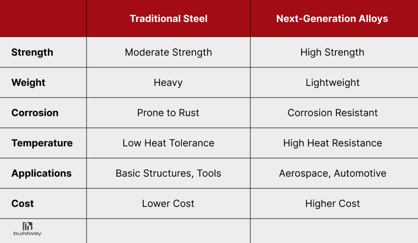Metal Building Trends 2026: The Surprising Design & Material Shifts You Can’t Ignore 4 Comparison chart showing the differences between traditional steel and next-generation alloys across various factors such as strength, weight, corrosion resistance, temperature tolerance, applications, and cost.