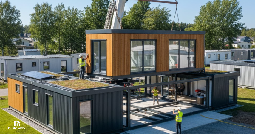 Metal Building Trends 2026: The Surprising Design & Material Shifts You Can’t Ignore 9 Construction workers installing an upper modular unit onto a modern prefabricated building using a crane, with eco-friendly features like green roofs and solar panels visible in a residential area.