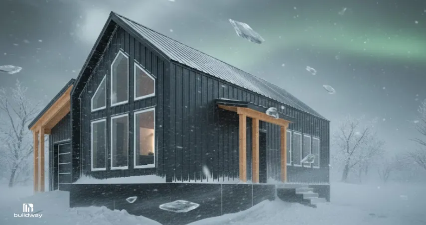Metal Building Trends 2026: The Surprising Design & Material Shifts You Can’t Ignore 11 Modern black metal-clad home with large windows, shown in a snowy winter landscape with falling ice and visible northern lights in the sky, highlighting cold climate durability.