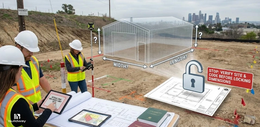 Construction planning scene with workers reviewing site plans, featuring a transparent building mockup and reminder to verify site and code requirements before finalizing building dimensions.