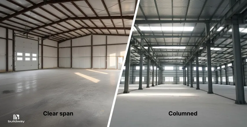Side-by-side comparison of a clear span building with an open interior and a columned steel building with multiple support beams throughout the space.