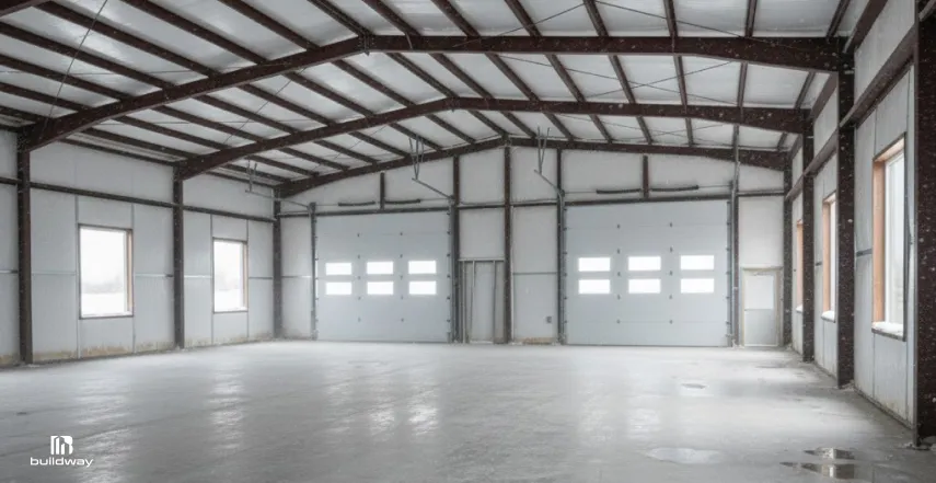 Interior view of an empty steel building with high ceilings, exposed beams, multiple garage doors, and concrete flooring.